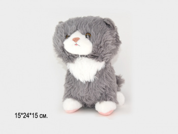 им Кошка арт. 14429-2-209 Серая с белым мохнатая сидит 24*15 см в пак.